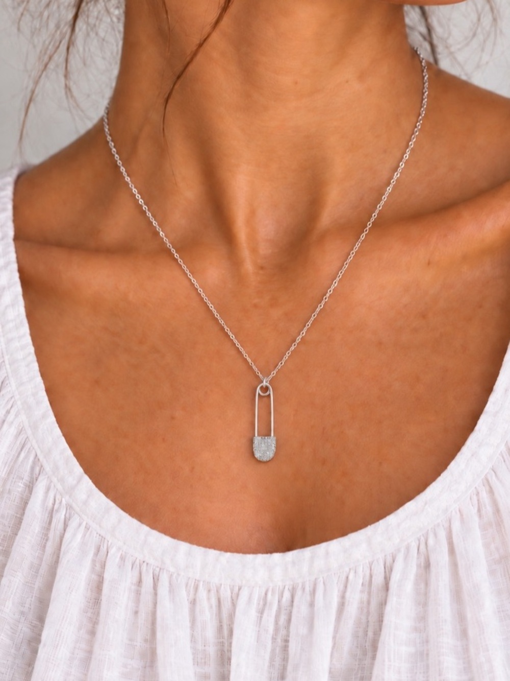 Silver Safety Pin Pendant Necklace